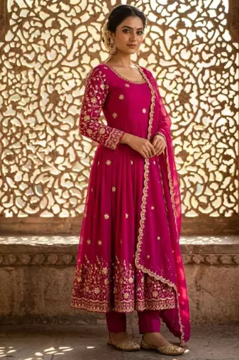 Pink silk blend embroidered gown set