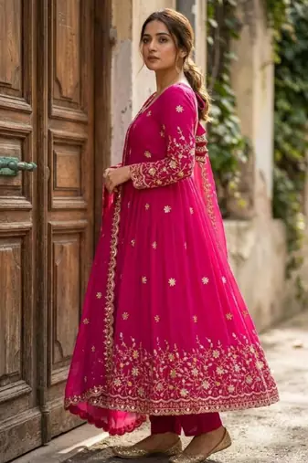 Pink silk blend embroidered gown set