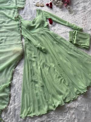 Olive georgette plain gown set 1