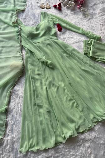 Olive georgette plain gown set