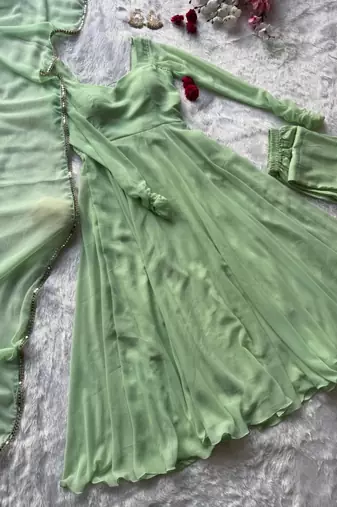 Olive georgette plain gown set