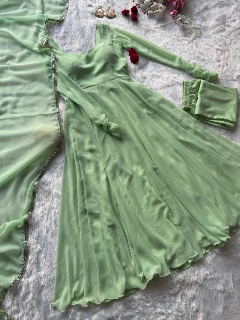 Olive georgette plain gown set