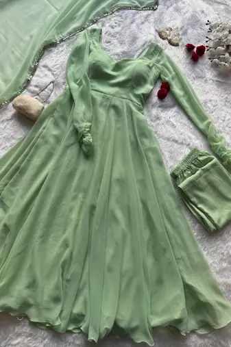 Olive georgette plain gown set