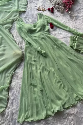 Olive georgette plain gown set