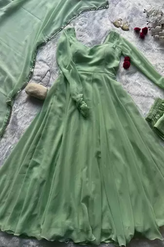 Olive georgette plain gown set