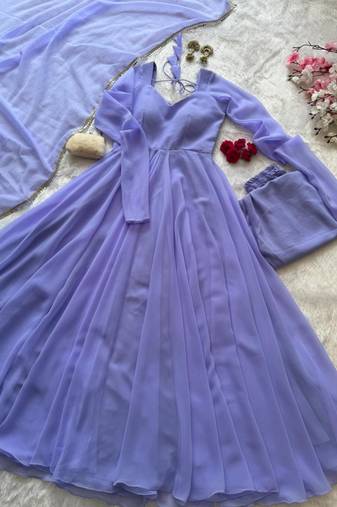 Lavender georgette plain gown set