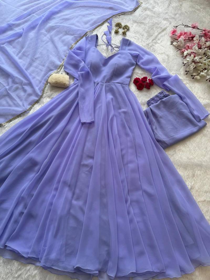 Lavender georgette plain gown set