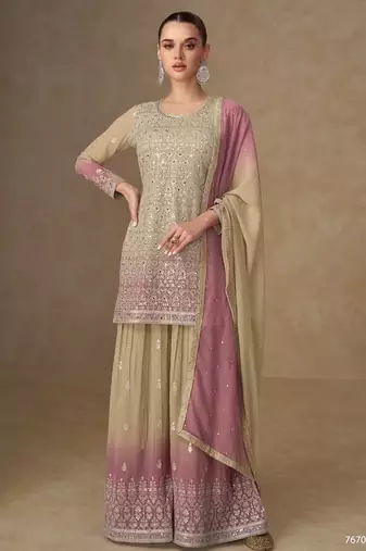 Beige georgette free size stitched suit with mirror & embroidery work