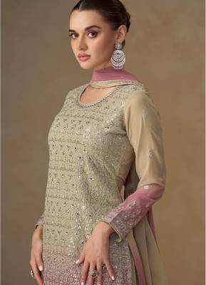 Beige georgette free size stitched suit with mirror & embroidery work 2