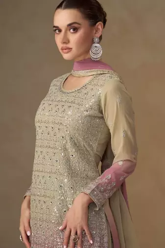 Beige georgette free size stitched suit with mirror & embroidery work