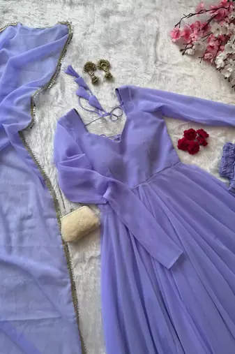 Lavender georgette plain gown set