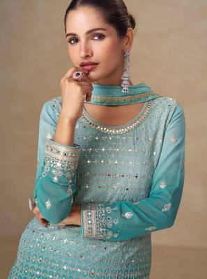Blue georgette free size stitched suit with mirror & embroidery work 2