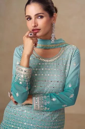 Blue georgette free size stitched suit with mirror & embroidery work