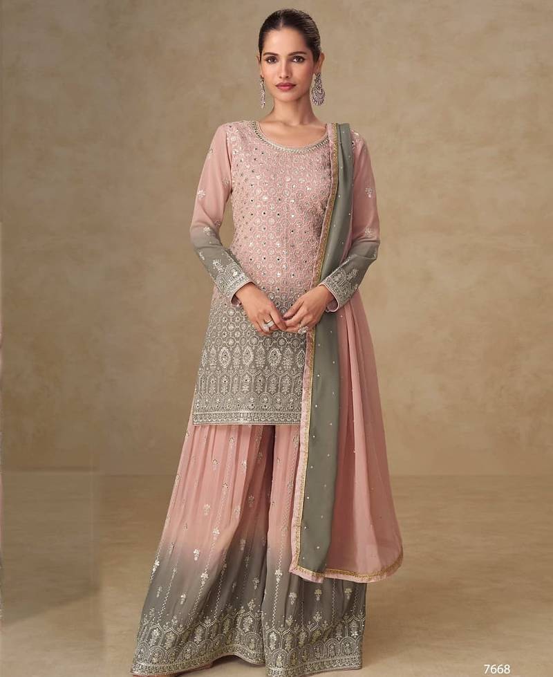 Peach georgette free size stitched suit with mirror & embroidery work