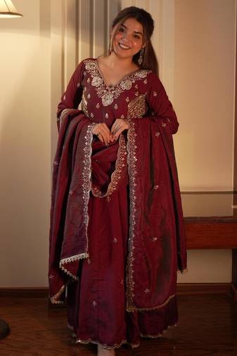 Maroon silk blend embroidered gown set