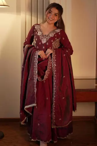Maroon silk blend embroidered gown set