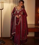 Maroon silk blend embroidered gown set