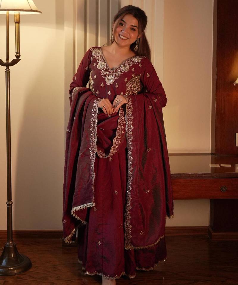 Maroon silk blend embroidered gown set