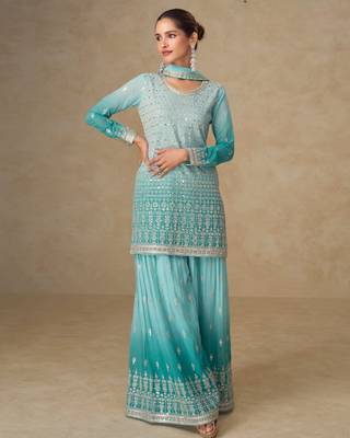 Blue georgette free size stitched suit with mirror & embroidery work 3