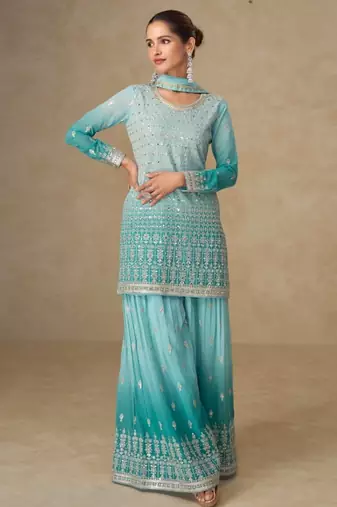 Blue georgette free size stitched suit with mirror & embroidery work