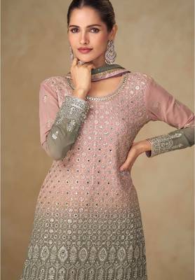 Peach georgette free size stitched suit with mirror & embroidery work 2