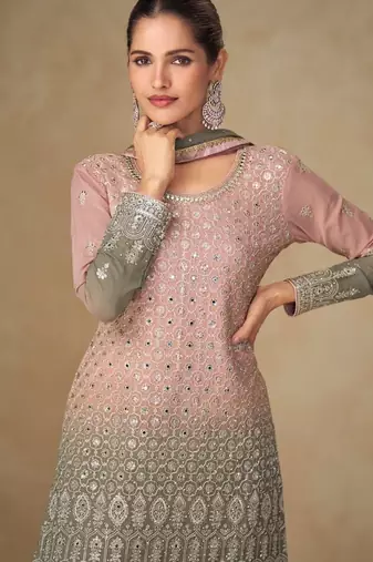Peach georgette free size stitched suit with mirror & embroidery work