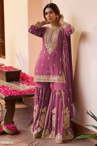 Purple chinon free size stitched suit with embroidery & sequence work