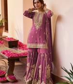 Purple chinon free size stitched suit with embroidery & sequence work