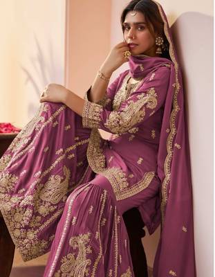 Purple chinon free size stitched suit with embroidery & sequin  work 2