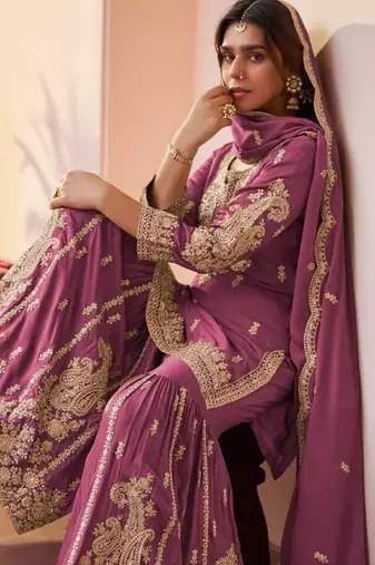 Purple chinon free size stitched suit with embroidery & sequence work