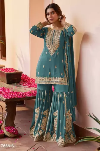 Blue chinon free size stitched suit with embroidery & sequence work