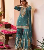 Blue chinon free size stitched suit with embroidery & sequence work
