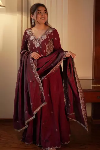 Maroon silk blend embroidered gown set