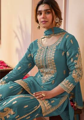 Blue chinon free size stitched suit with embroidery & sequin  work 2