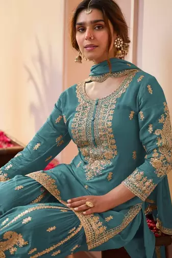 Blue chinon free size stitched suit with embroidery & sequence work