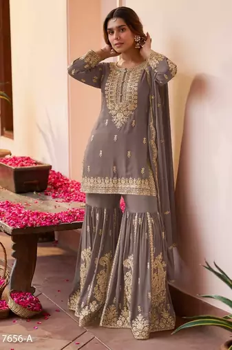 Grey chinon free size stitched suit with embroidery & sequence work