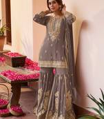 Grey chinon free size stitched suit with embroidery & sequence work