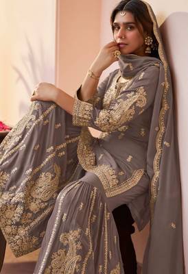 Grey chinon free size stitched suit with embroidery & sequin  work 2