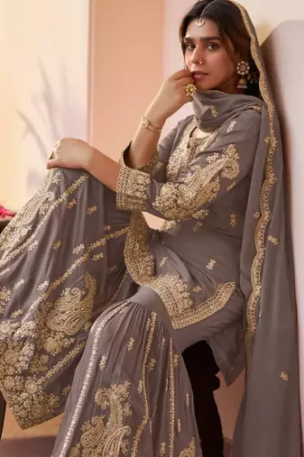 Grey chinon free size stitched suit with embroidery & sequence work