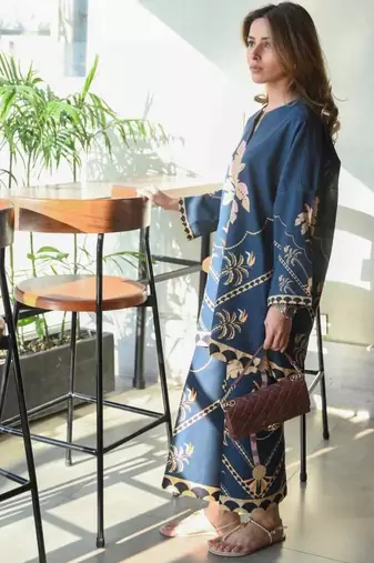 Teal cotton poly printed kurta set