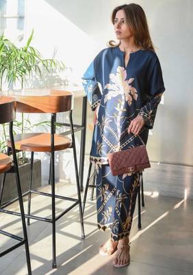 Teal cotton poly printed kurta set 3