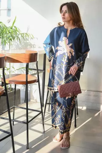 Teal cotton poly printed kurta set