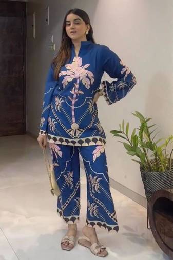 Teal cotton poly printed kurta set