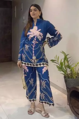 Teal cotton poly printed kurta set