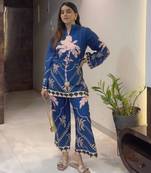 Teal cotton poly printed kurta set