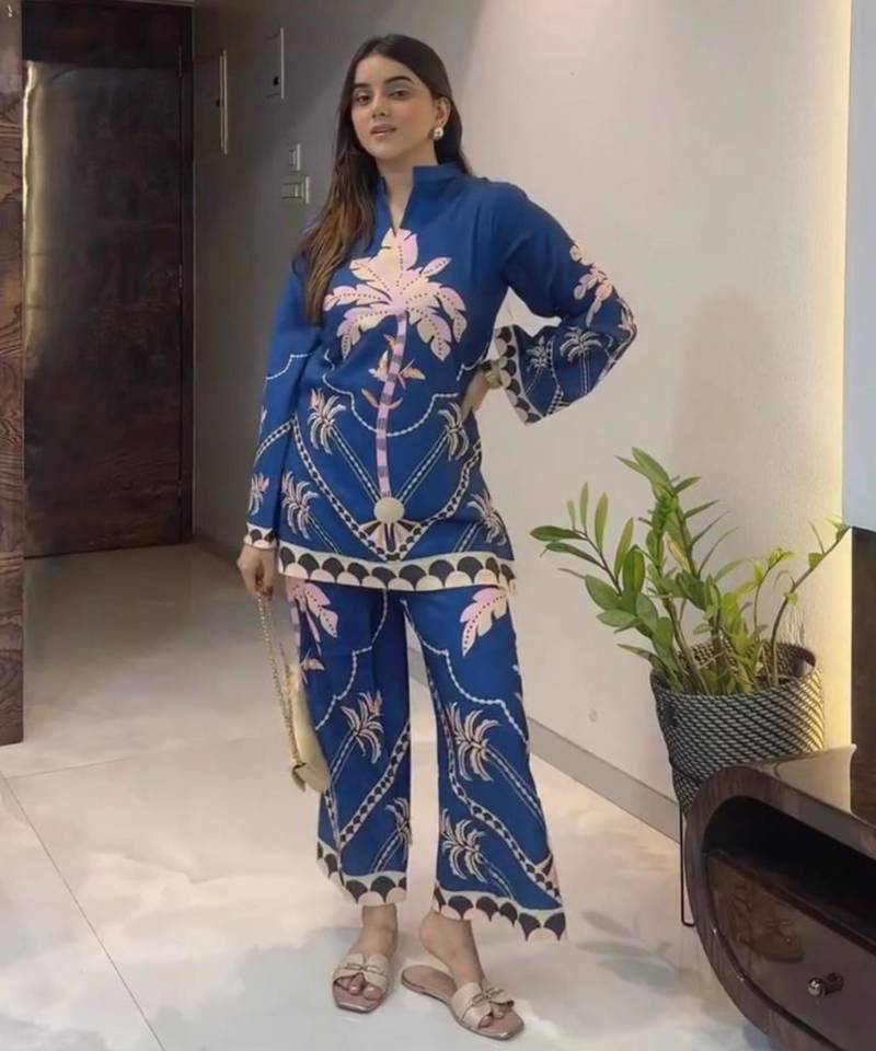 Teal cotton poly printed kurta set
