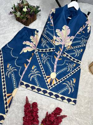 Teal cotton poly printed kurta set 4
