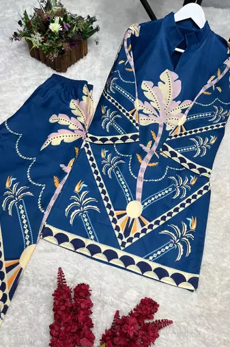 Teal cotton poly printed kurta set