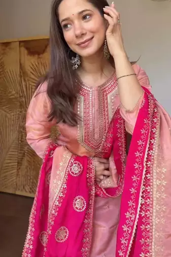 Pink silk blend embroidered salwaar kameez