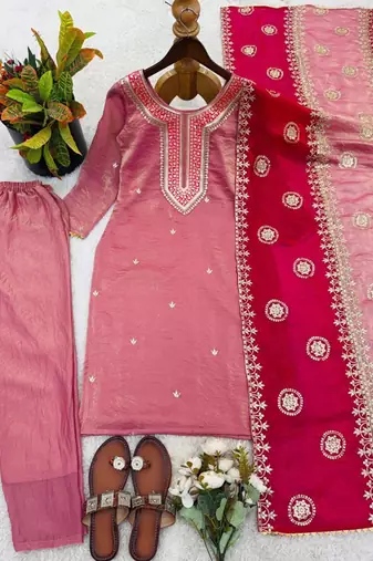 Pink silk blend embroidered salwaar kameez